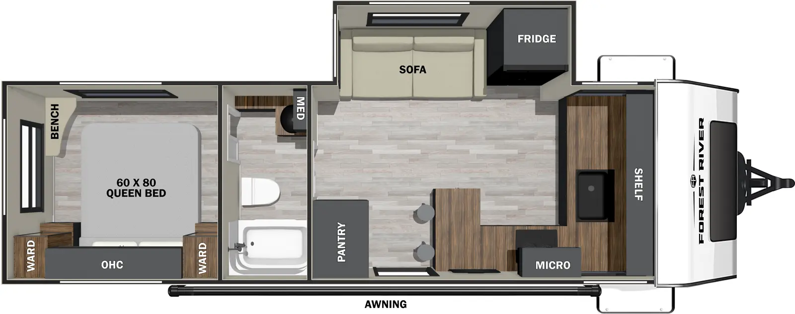 The Ibex 20FKDS floorplan has one entry and one slide out. Exterior features include: fiberglass exterior. Interiors features include: front kitchen, rear bedroom and pass through bathroom.